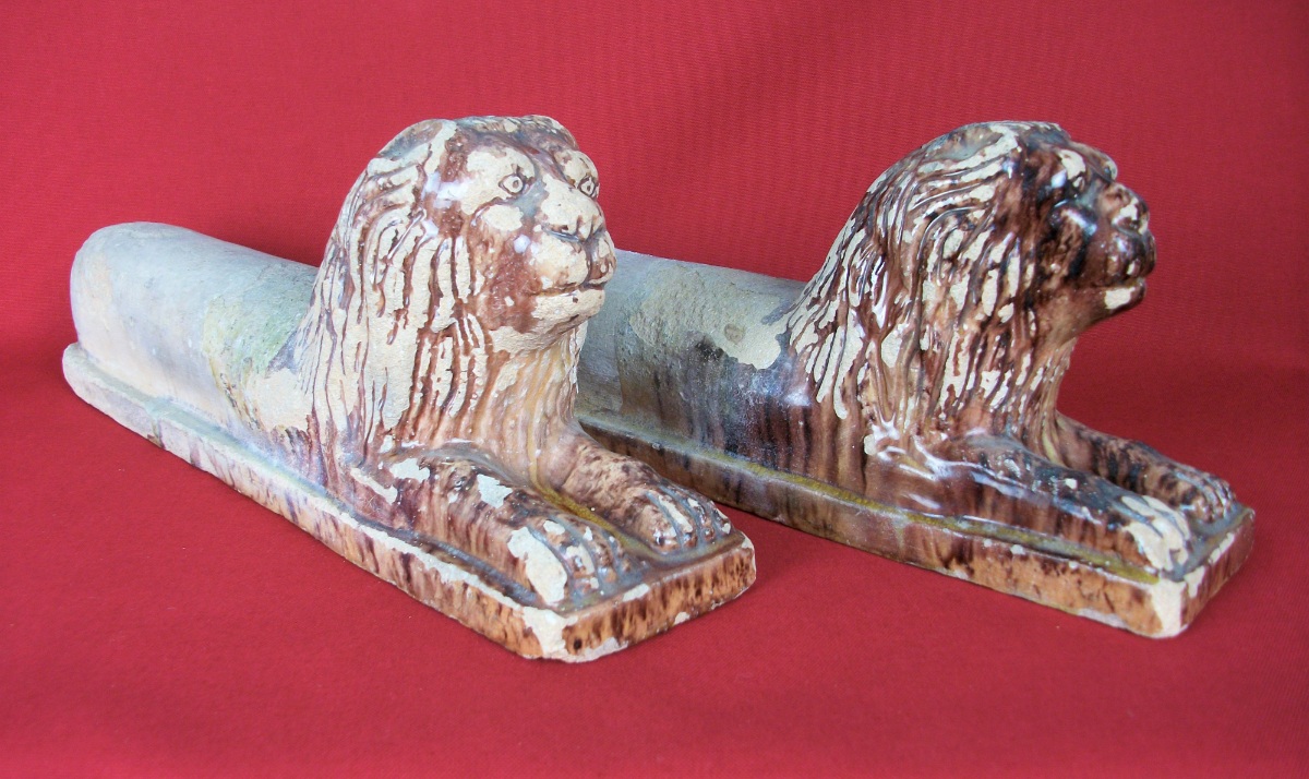 Pair of Antique Tuscany Terracotta Lions Andirons